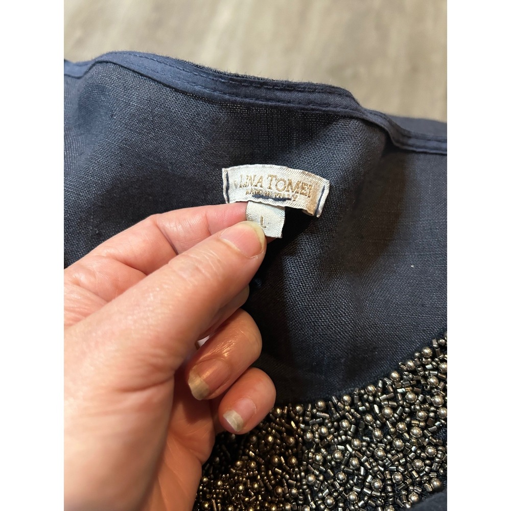 Navy Linen Embellished Shift Dress Pocket L Made In Italy Quiet Luxury Old Money - Picture 8 of 9